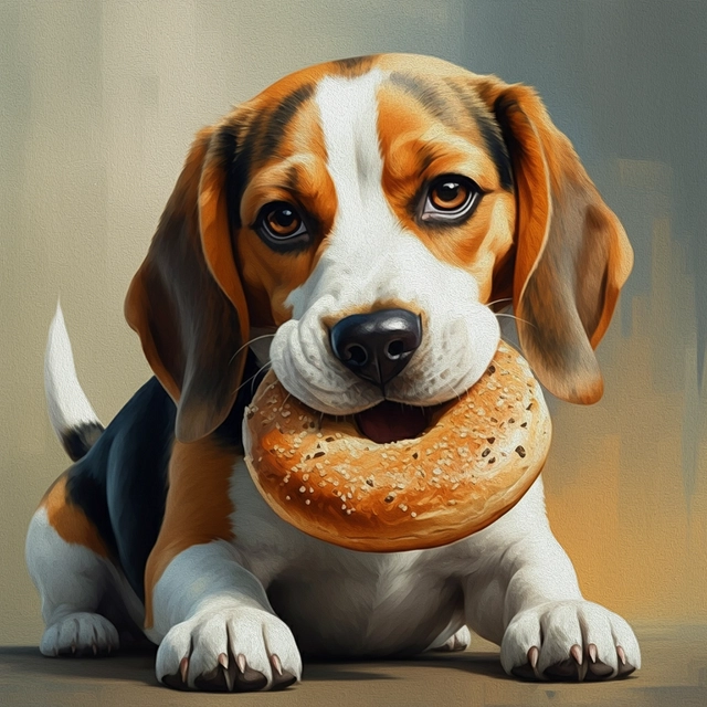 a beagle eating a bagel