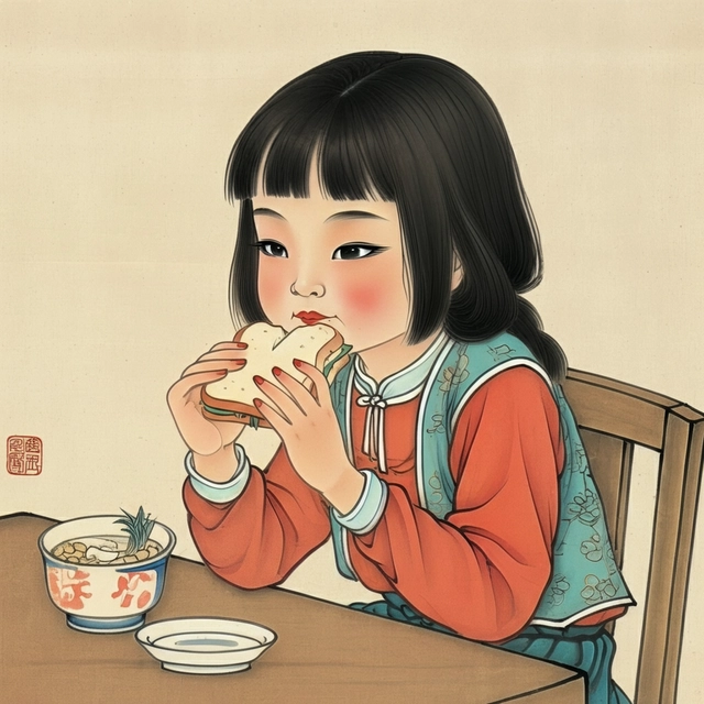 An old Chinese painting with detailed ink brush strokes on rice paper of a girl eating a sandwich