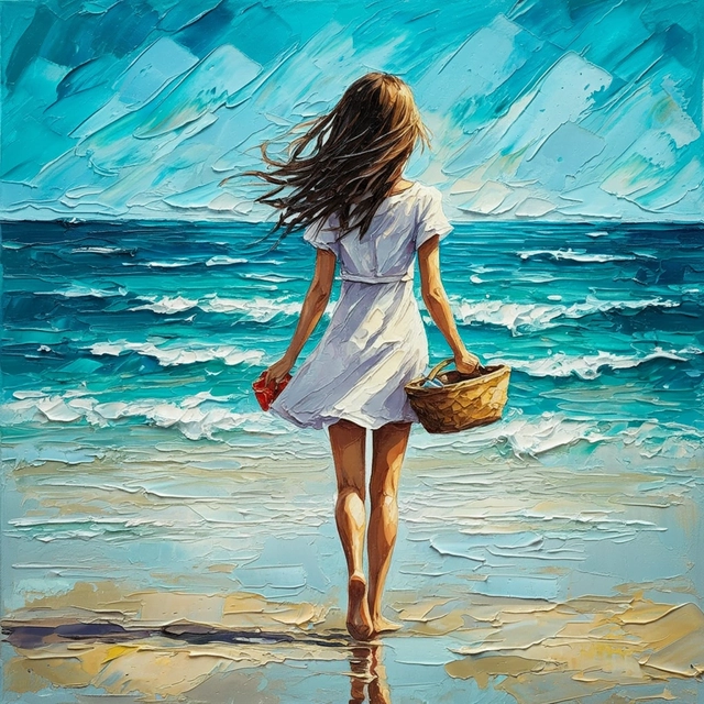 An acrylic painting with thick brush strokes of a young girl walking on the beach