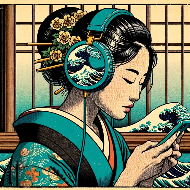 An old Japanese traditional style ukiyo-e block-print illustration of a young woman listening to music with big headphones