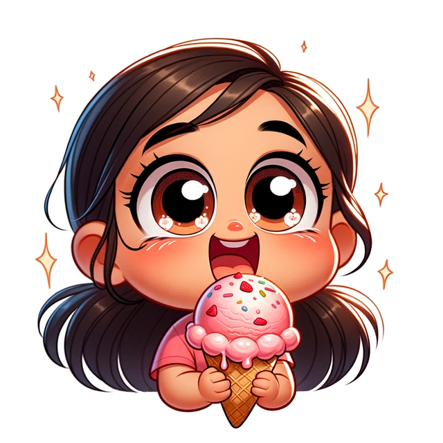 A cartoon young girl eating strawberry ice cream hungrily