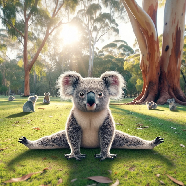 A koala doing a split in a park