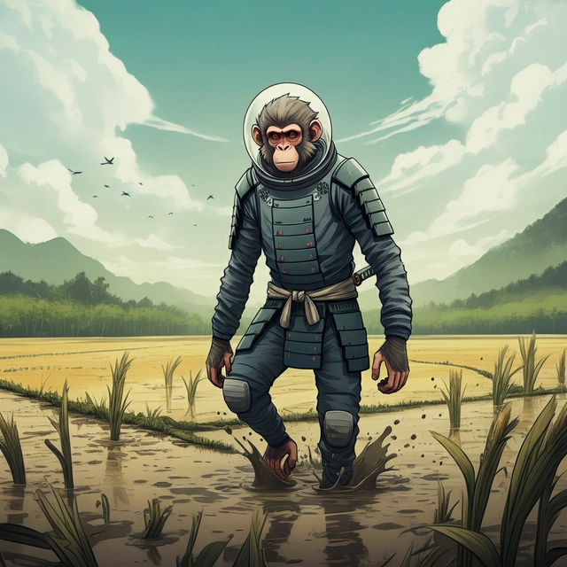 a monkey samurai wearing a space suit